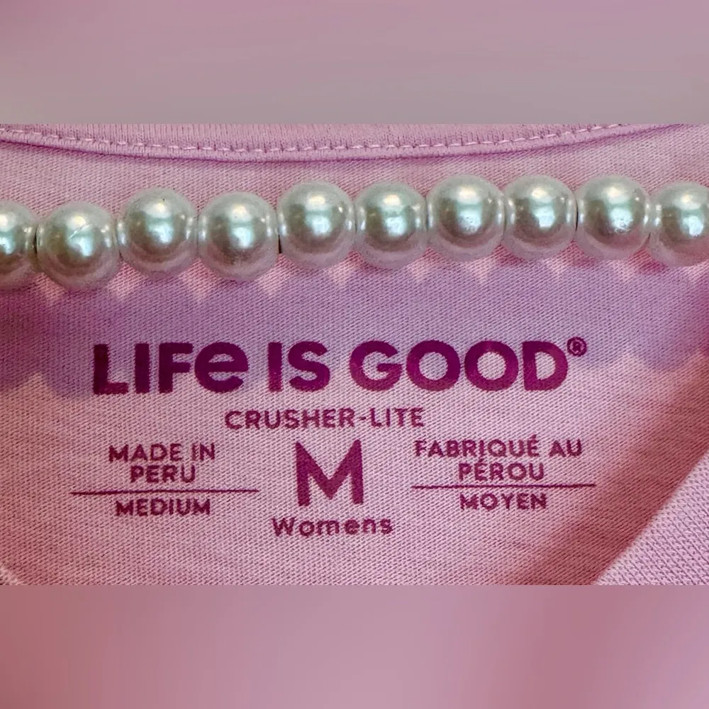 Women’s Life is Good pink v neck t-shirt - Pink Beach Bound - Medium - Image 3