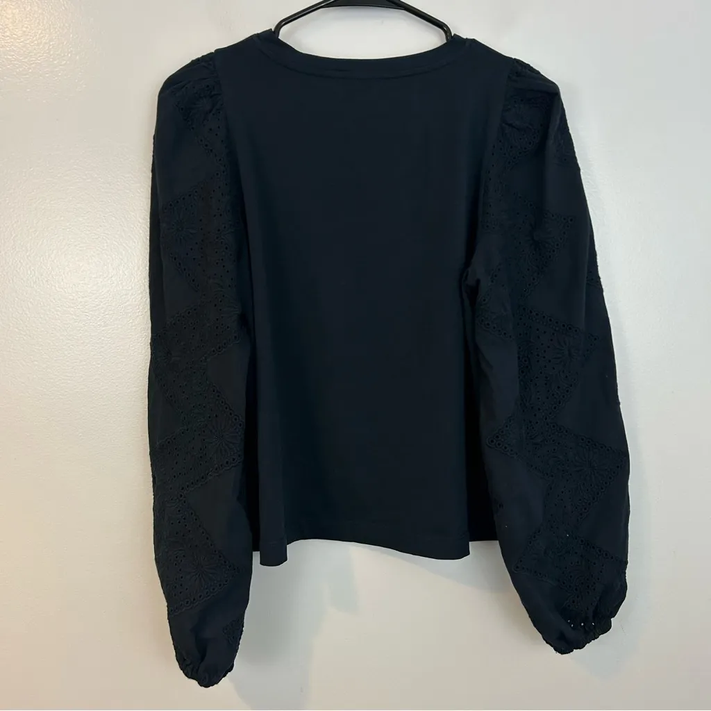 ME+EM Navy Blue Eyelet Lace Balloon Sleeve Jersey Cotton Boho Top Size 10 - Image 3