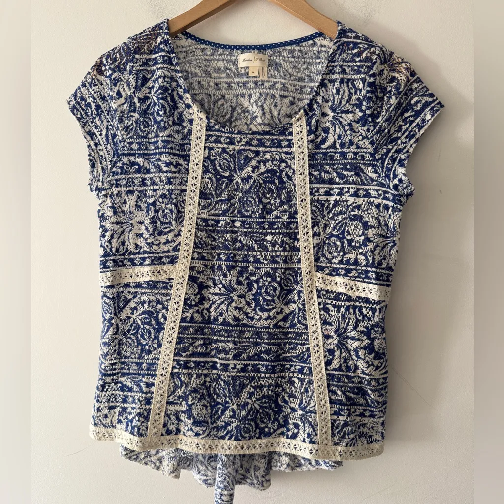 Anthropologie Meadow Rue Crochet Top Stunning Boho Vintage Floral Romantic Blue Size M - Image 3