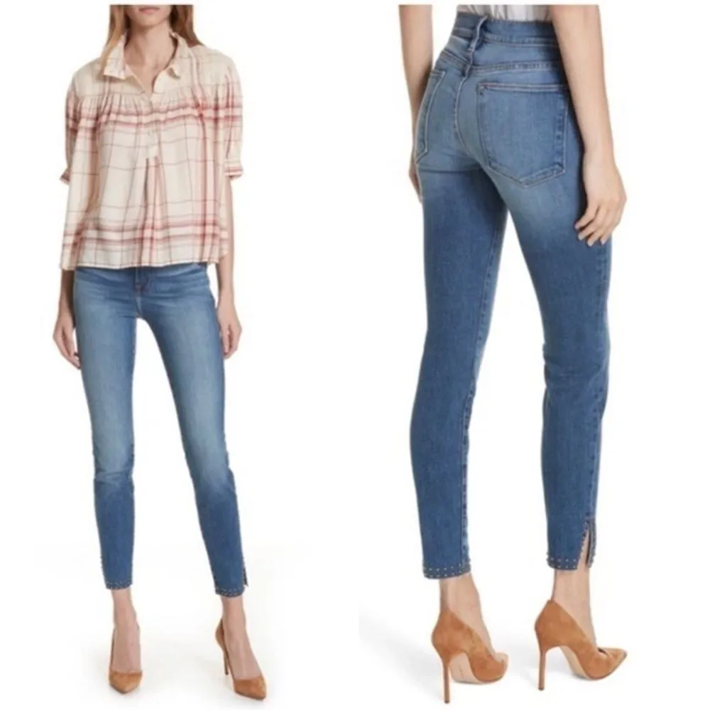 FRAME Le High Skinny Slit Stud Detail Jeans Mid Blue Wash‎ Size 27 - Image 2