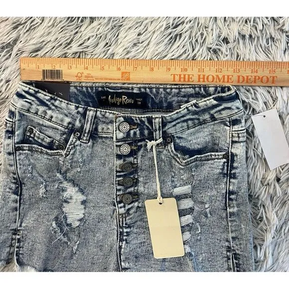 Indigo Rein Button Fly Distressed Acid Wash Jean Shorts Size‎ 9 Mid Rise Raw Hem - Image 6