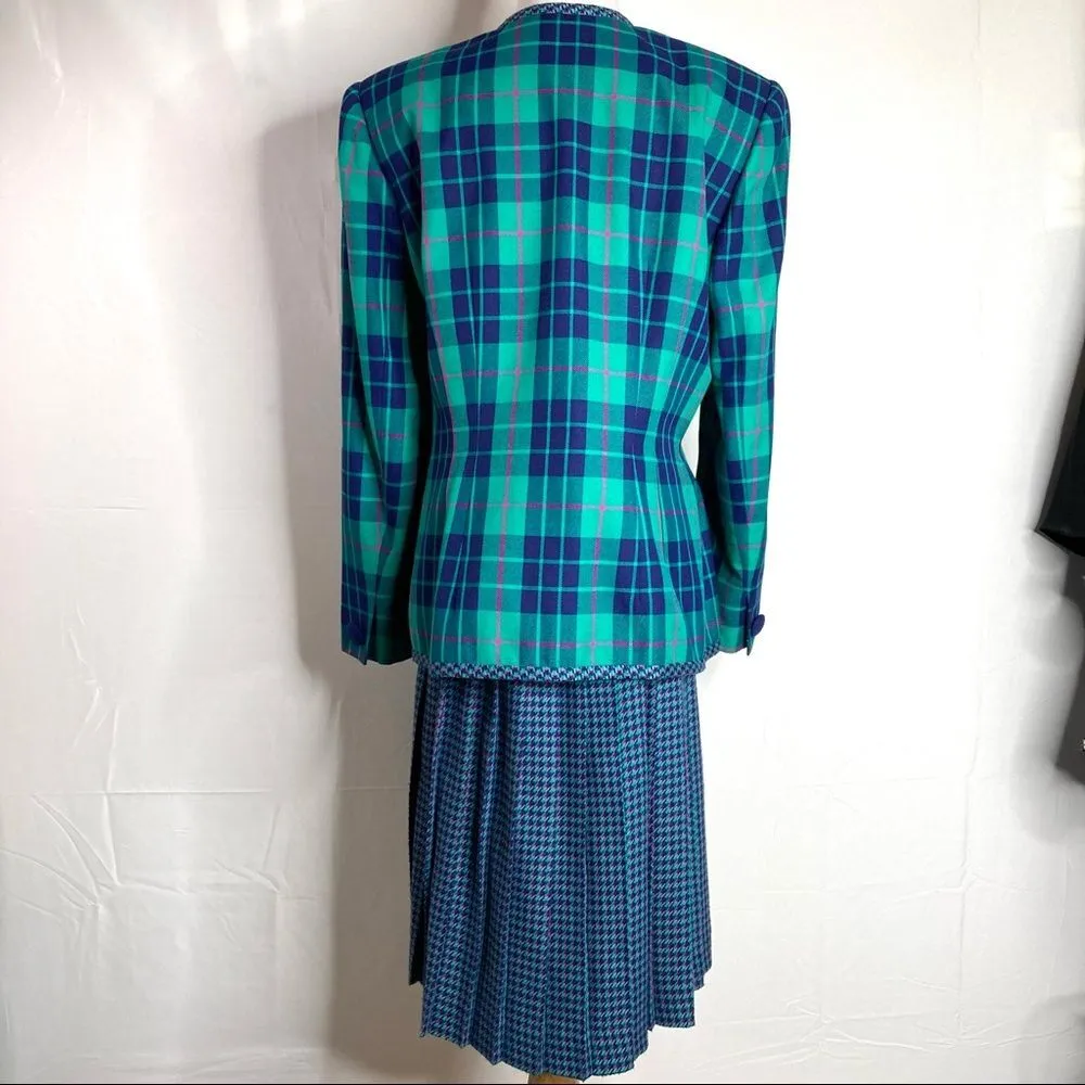 Vintage 80s Leslie Fay Teal Pink Plaid Houndstooth Skirt Suit Set 12 Petite 12P - Image 10
