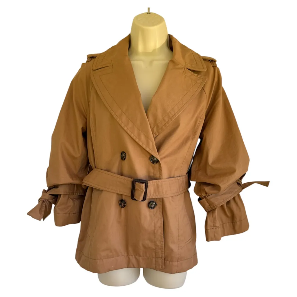 Banana Republic Water-Resistant Tie-Sleeve Trench Coat Jacket Camel Tan Belted - Image 2