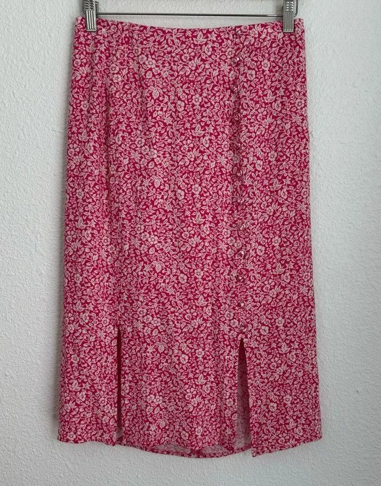 Mila Button Front Hot Pink Floral Midi Slit Pencil Skirt Size 8 - Image 2