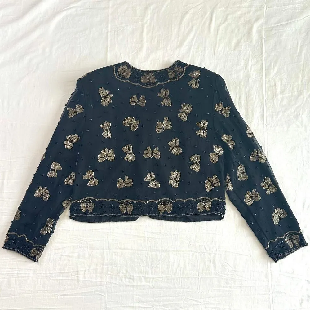 VTG 80s Night Vogue 100% Silk Black Gold Beaded Bows Evening Jacket Sz M Formal Size M - Image 4