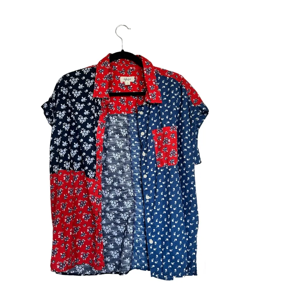 Style & Co 1X Floral Patchwork Red White Blue Button Up - Image 3