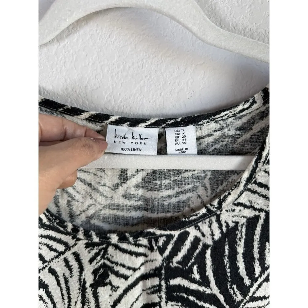 Nicole Miller 100% Linen Black Palm Print Top Size 1X Tropical Coastal Lagenlook - Image 5