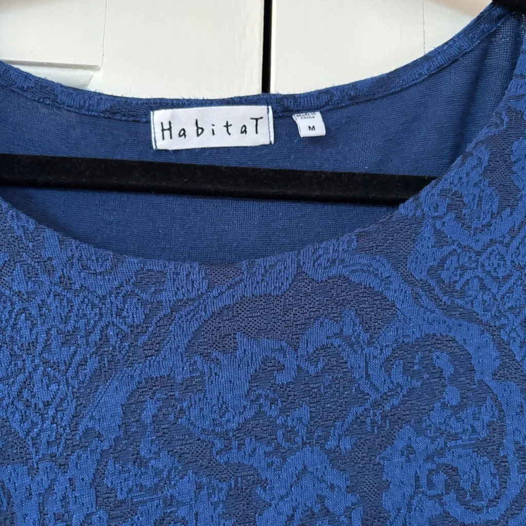 Habitat Blue Navy Blouse Abstract Damask Jacquard Asymmetric Hem Top Boho Artsy - Image 4