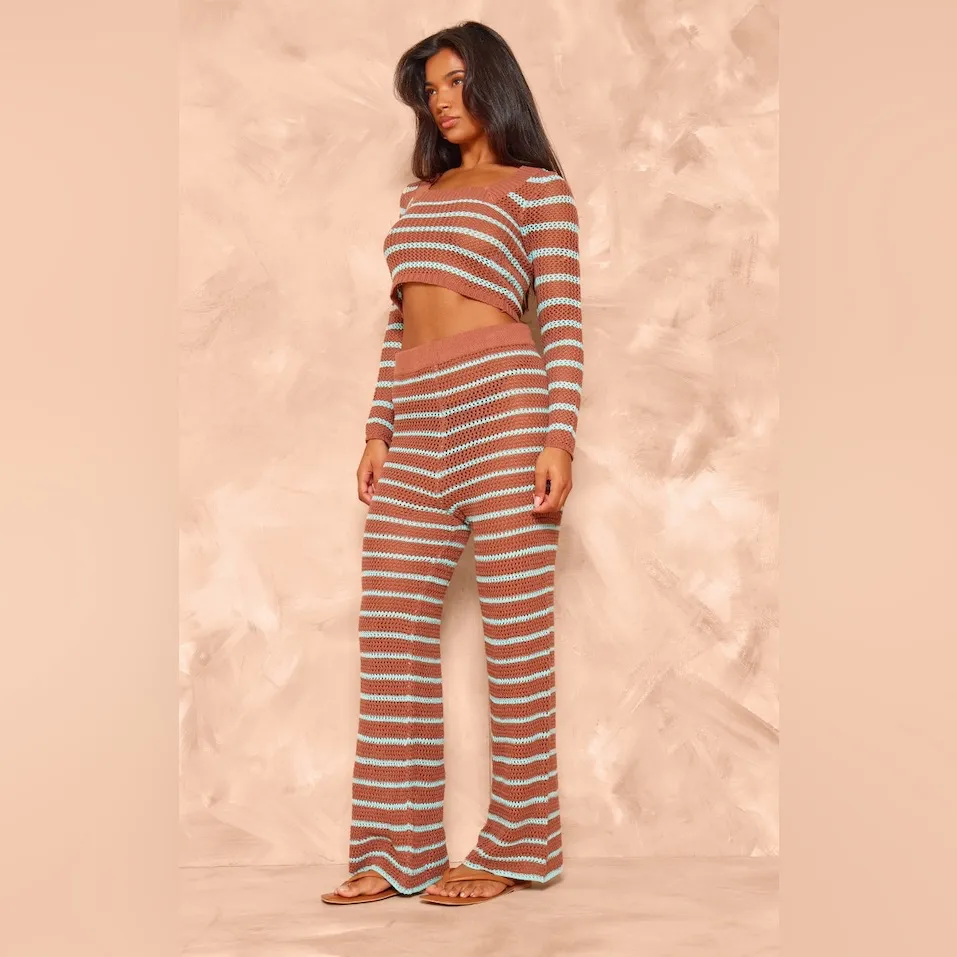 NWT PRETTY LITTLE THINGS MOCHA STRIPE CROCHET KNIT WIDE LEG PANTS SZ XS - Image 3