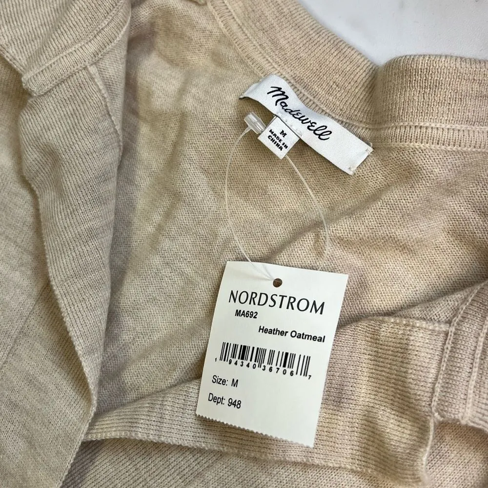 NWT Madewell Heathered Oatmeal Open Polo vneck merino wool sweater size medium - Image 4