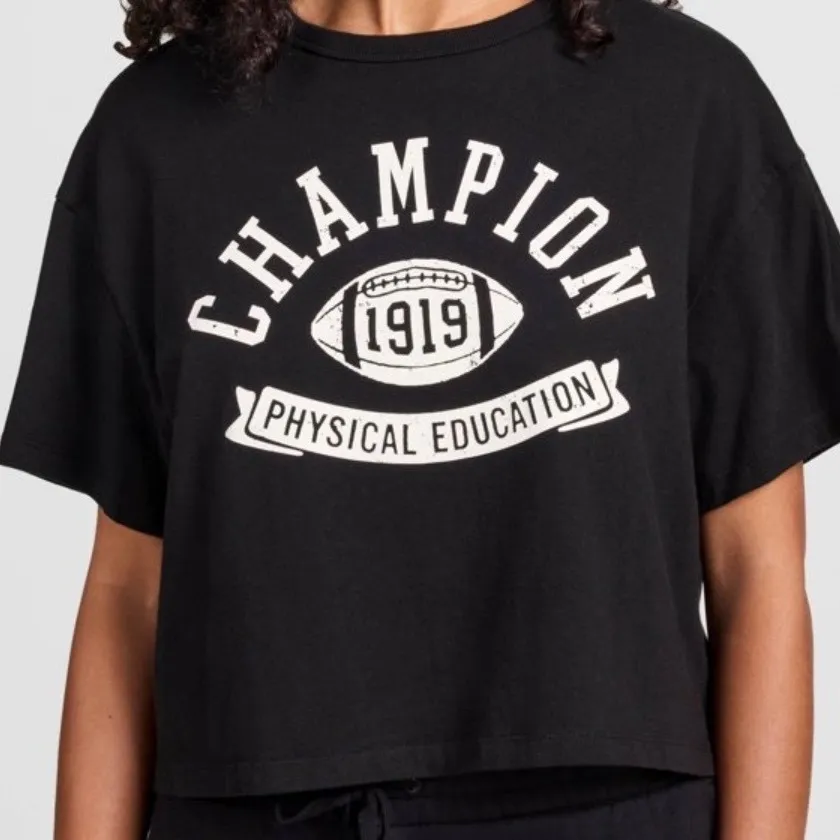 Champion Black Physical Education Football Graphic Cropped T Shirt Womens Small - Image 7