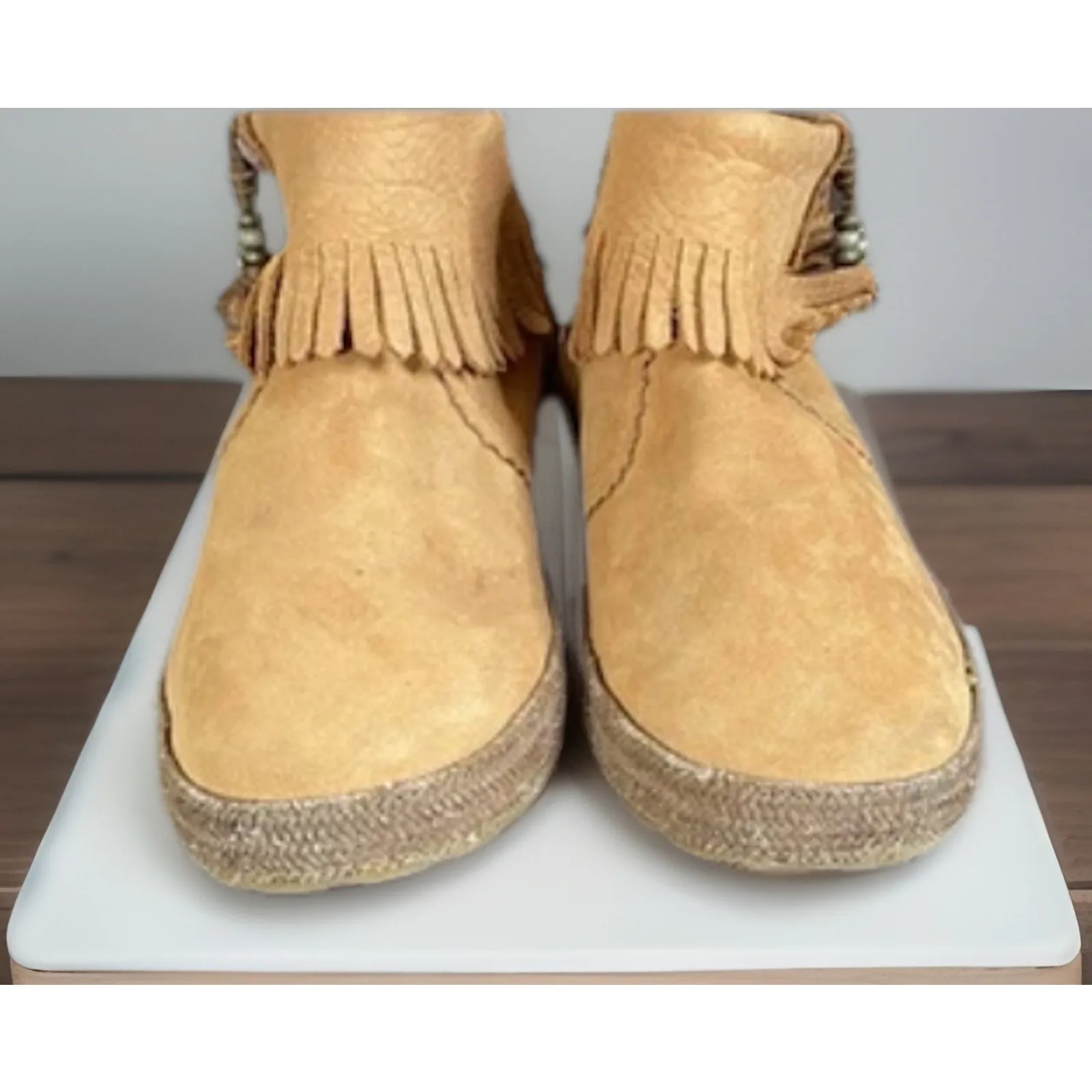 UGG Tiana Chestnut Suede Boho Ankle boots w Suede Fringe Sherpa Lined Size 5.5 - Image 8
