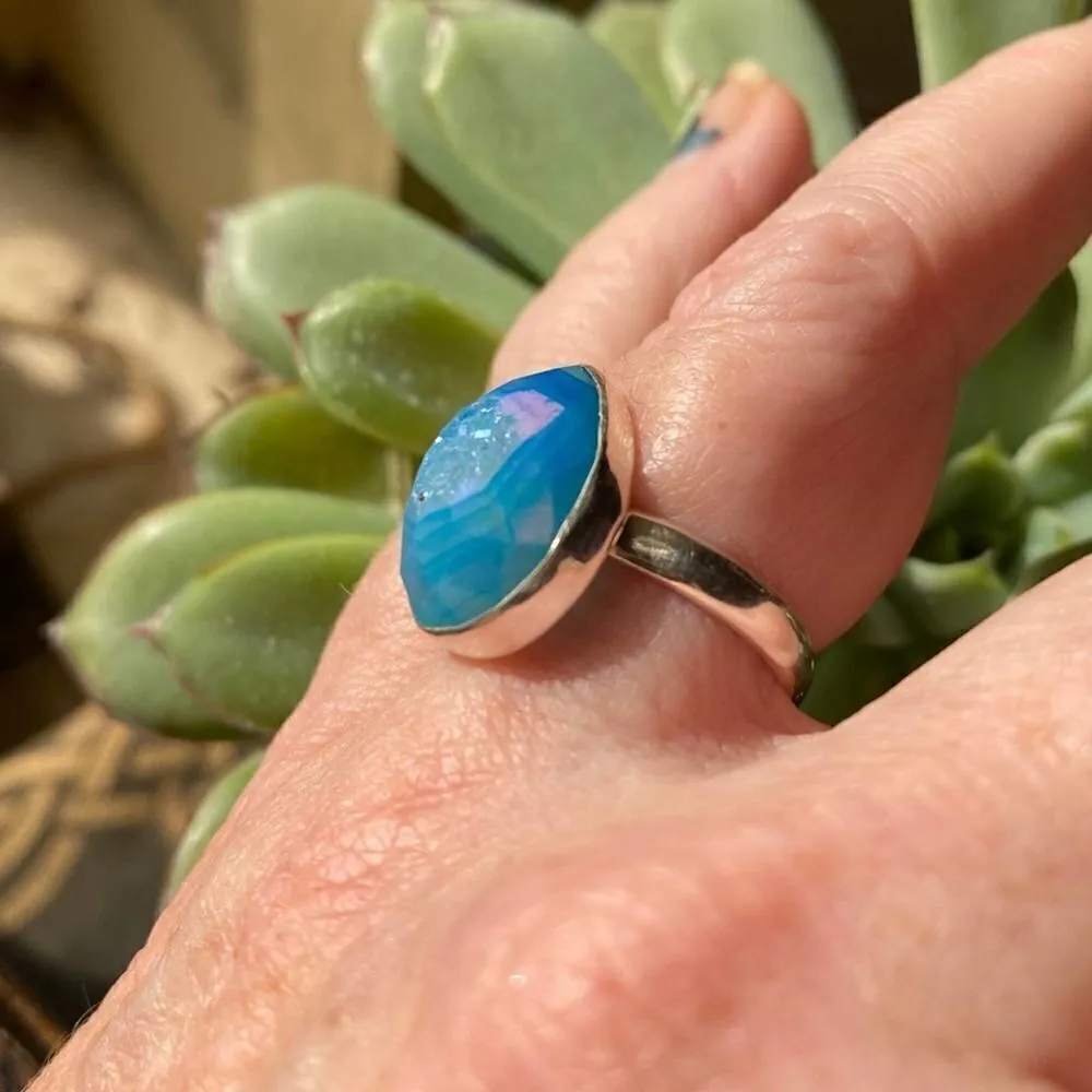 Marine Blue Aura Druzy Solid Sterling Silver Ring 8.5 Blue - Image 10