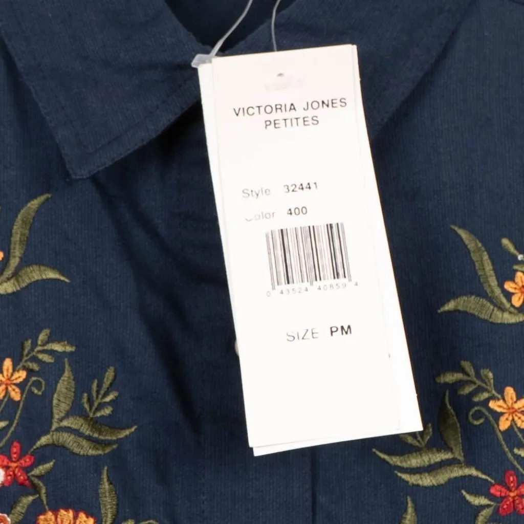Victoria Jones Petites Button Up Shirt M NEW Blue Floral Embroidery 90s Texture - Image 6