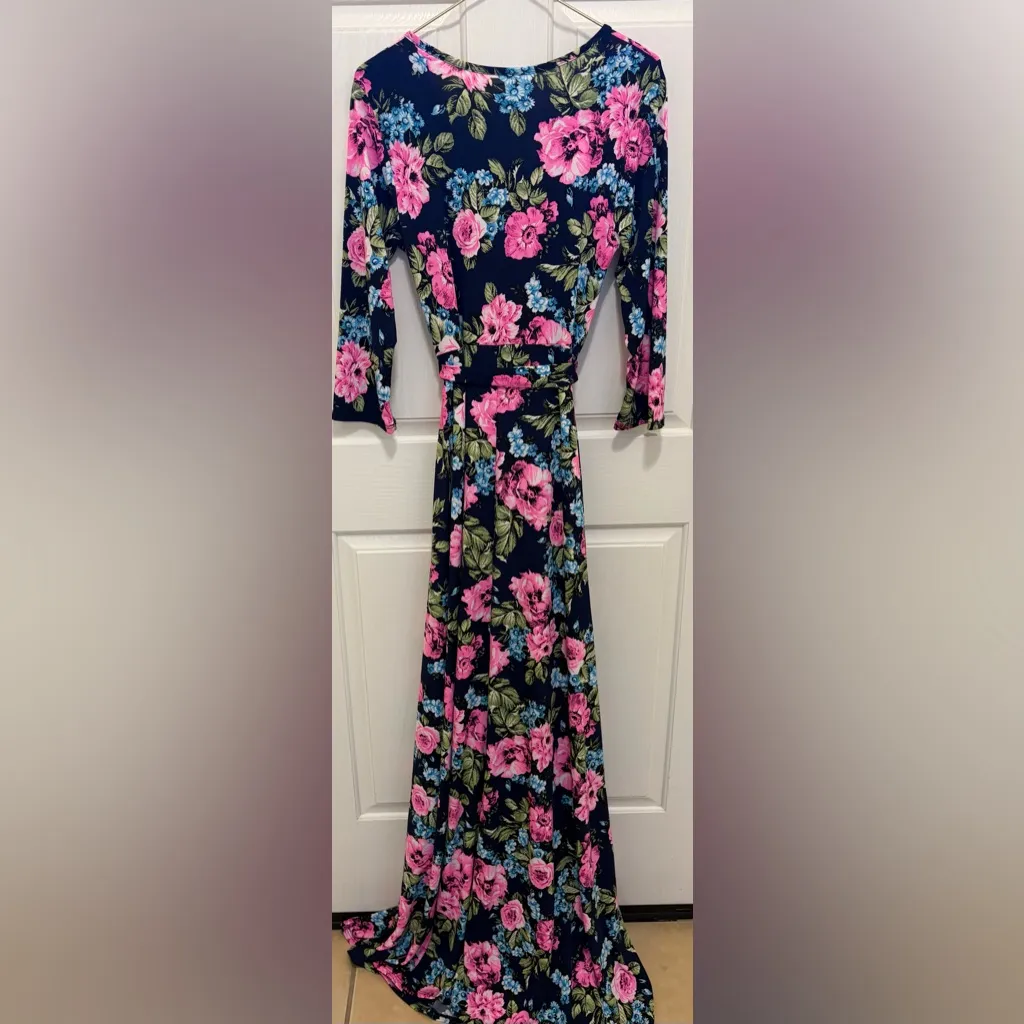 PinkBlush Maternity Pink And Blue Floral Maxi Dress with Tie - Image 2