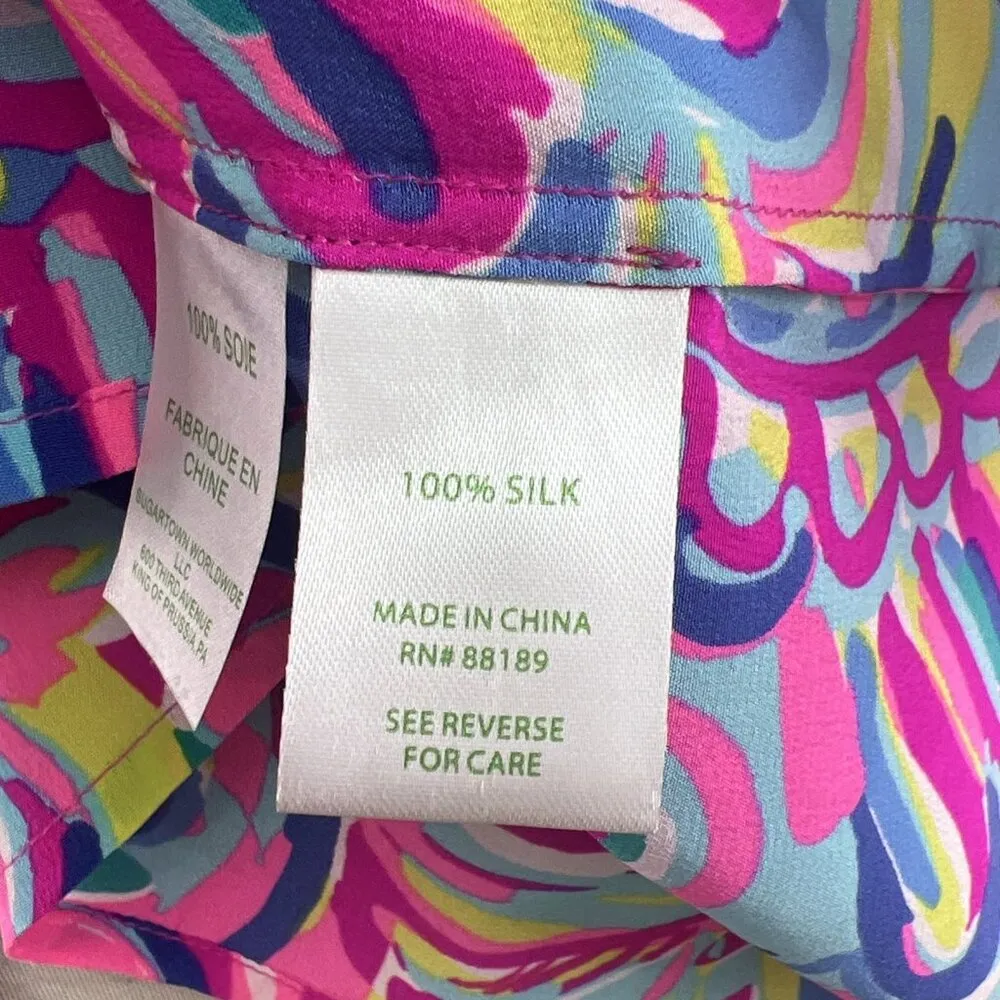 Lilly Pulitzer Size XXS Elsa 100% Silk Top Psychedelic Sunshine Bright Pink Blue - Image 7