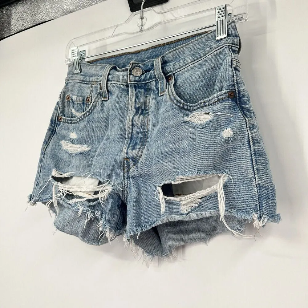 Women 26” Levi's 501 Button Fly Distressed Cut Off Denim Jean Shorts Boho Hippie - Image 3