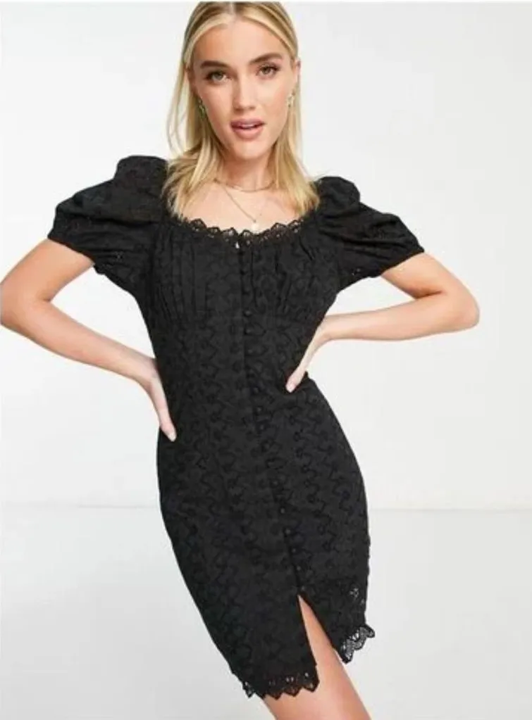 MISS SELFRIDGE Button Front Fitted Mini Dress Short Puff Sleeve Black Size US 0 - Image 1