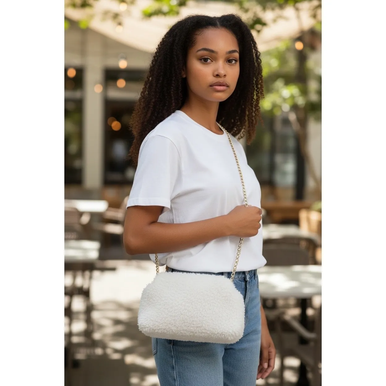 A New Day Fuzzy Sherpa Clutch Crossbody Purse Ivory Gold Chain - Image 2