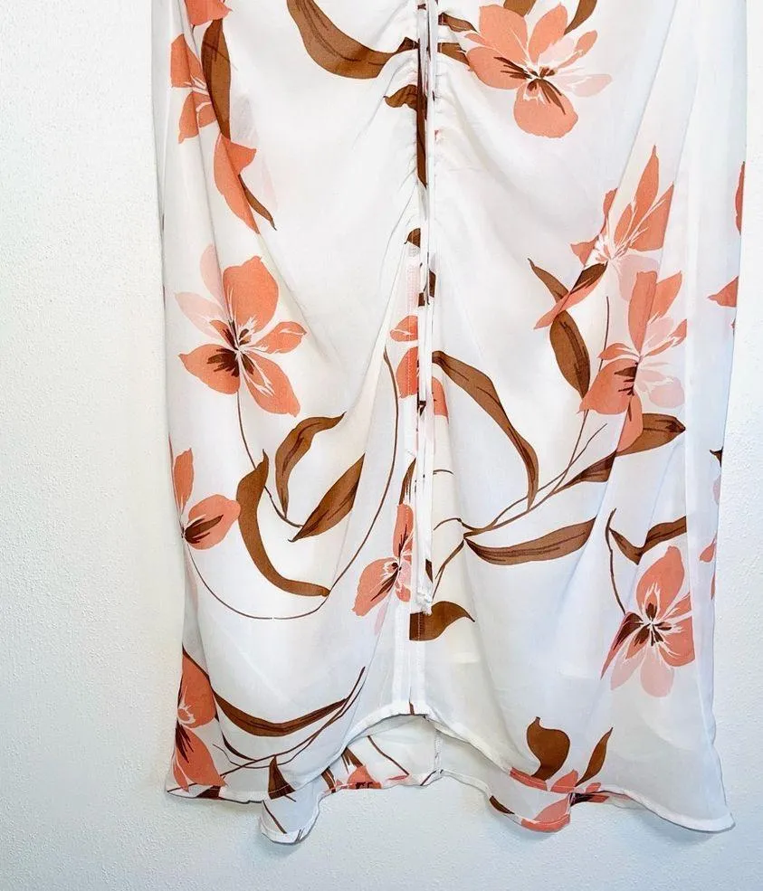 White & Pink Hibiscus Floral Print Ruched Front Midi Dress - Image 5