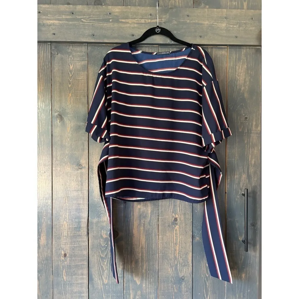 Striped Tie Waist Blouse‎ Top, Short Sleeve, Navy Blue, Red, White - Image 6