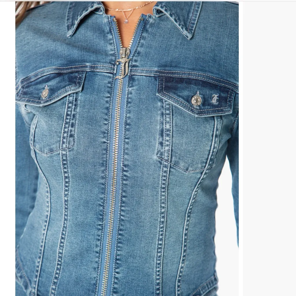 Juicy Couture Corset Style Front Zip Trucker Jacket in Light Wash sz S NWT - Image 2