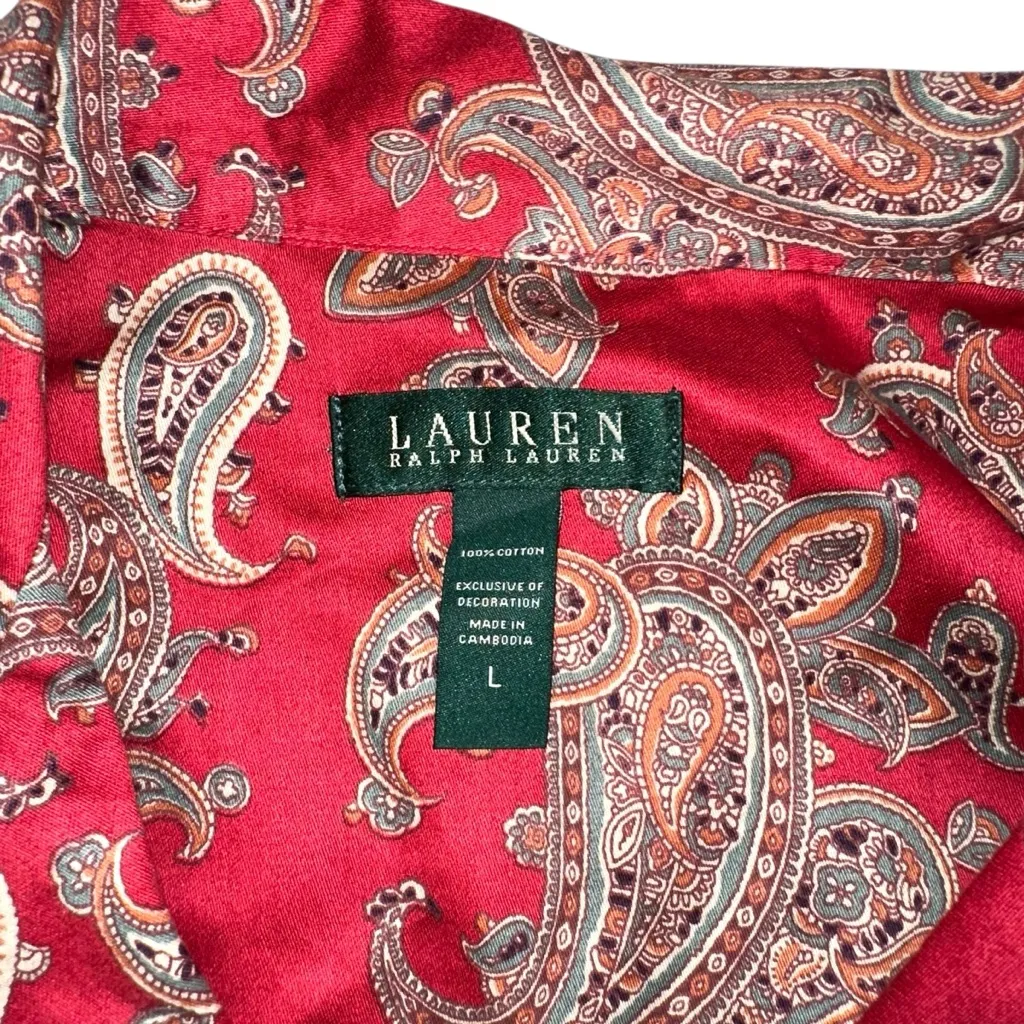 Lauren Ralph Lauren Red Paisley Print Long Sleeve Sleep Shirt Dress LARGE - Image 3