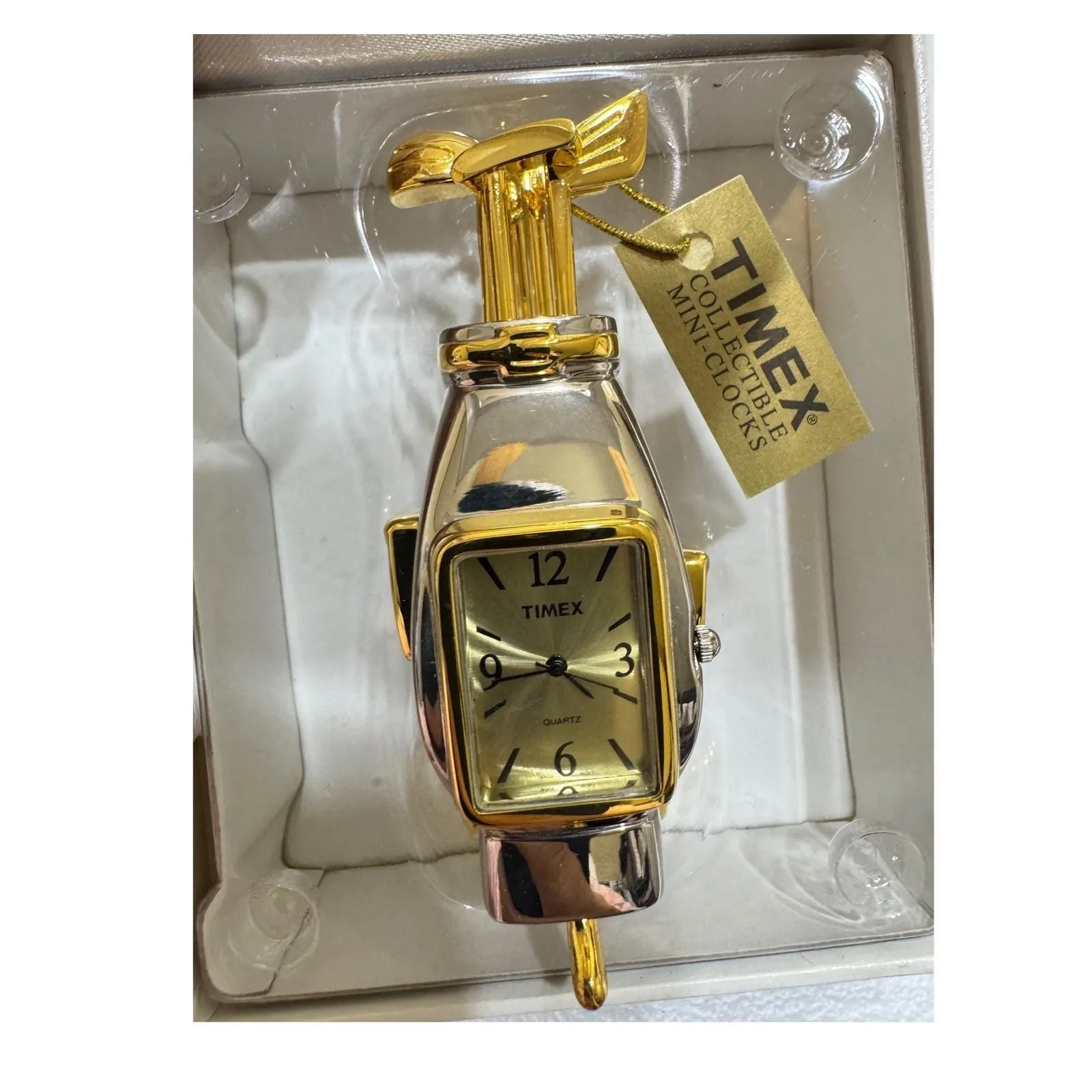 VTG Timex Collectible Mini Clock Golf Bag Design Gold Silver Tone Quartz TMX210 - Image 4