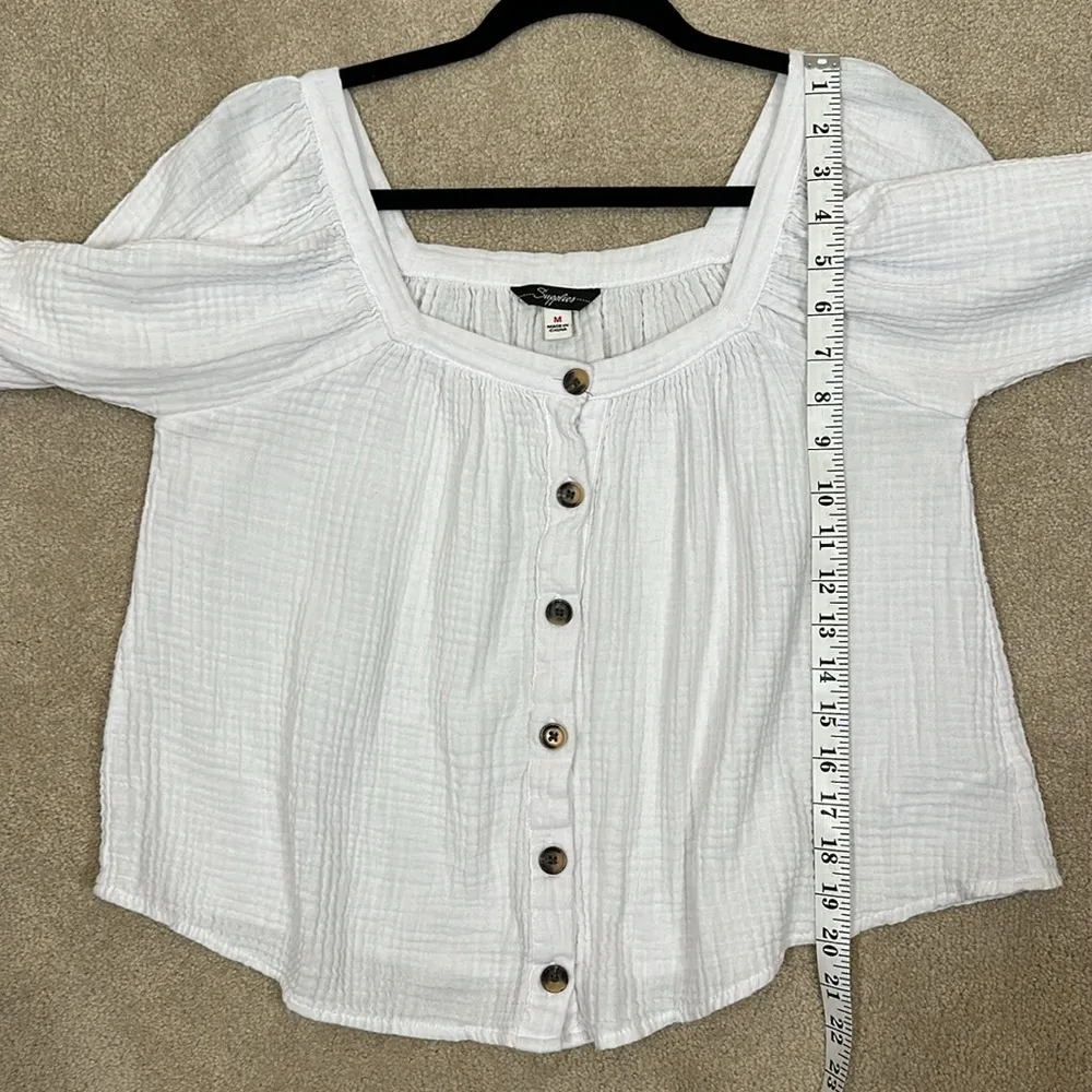 Supplies White 3/4 Sleeve 100% Cotton Button Front Boxy Square Women Top Medium - Image 4
