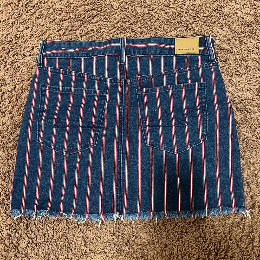 American Eagle Womens Mini Skirt Striped Denim Cotton Hi Rise Raw Hem 6 Blue Red - Image 4