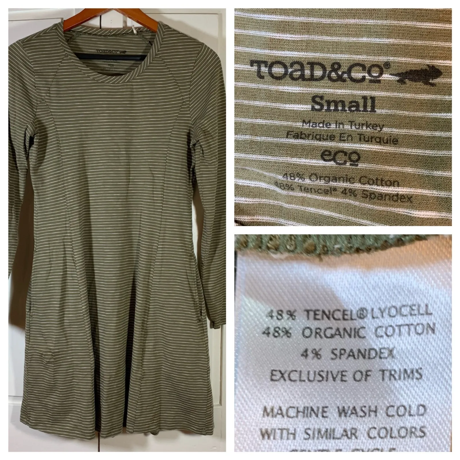 Toad&Co Women's Striped Long Sleeve Casual‎ Organic Dress Small Green Pockets - Image 2
