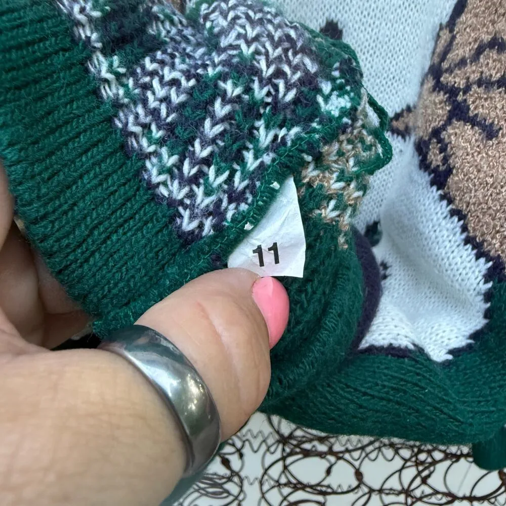 Vintage 80s 90s Maggie Lawrence Teddy Bear Sweater Green Plaid Crewneck XL? - Image 4