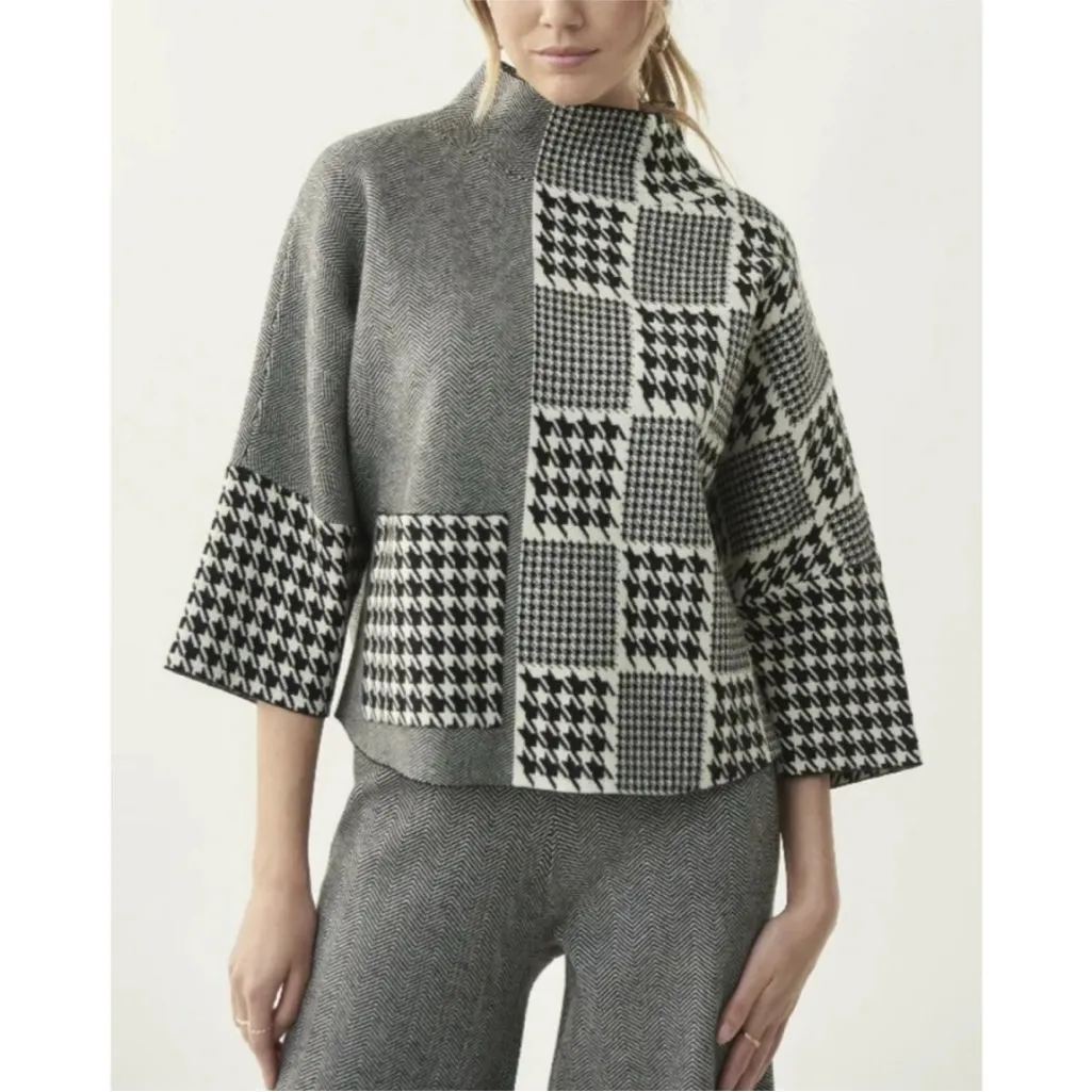 Joseph Ribkoff • White and Black Houndstooth Patchwork Patterned Sweater - Image 7