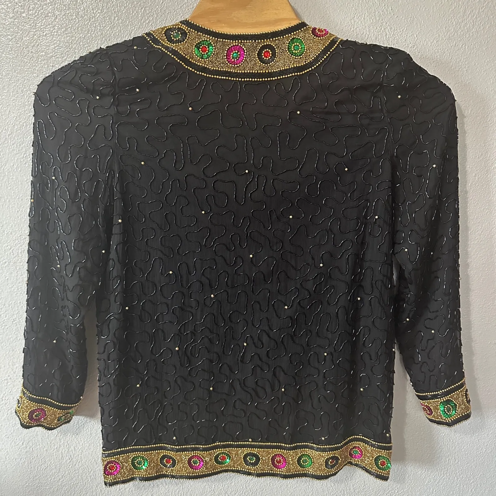 Laurence Kazar Beaded Silk Jacket Embellished Party Evening Top Black Medium - Image 7