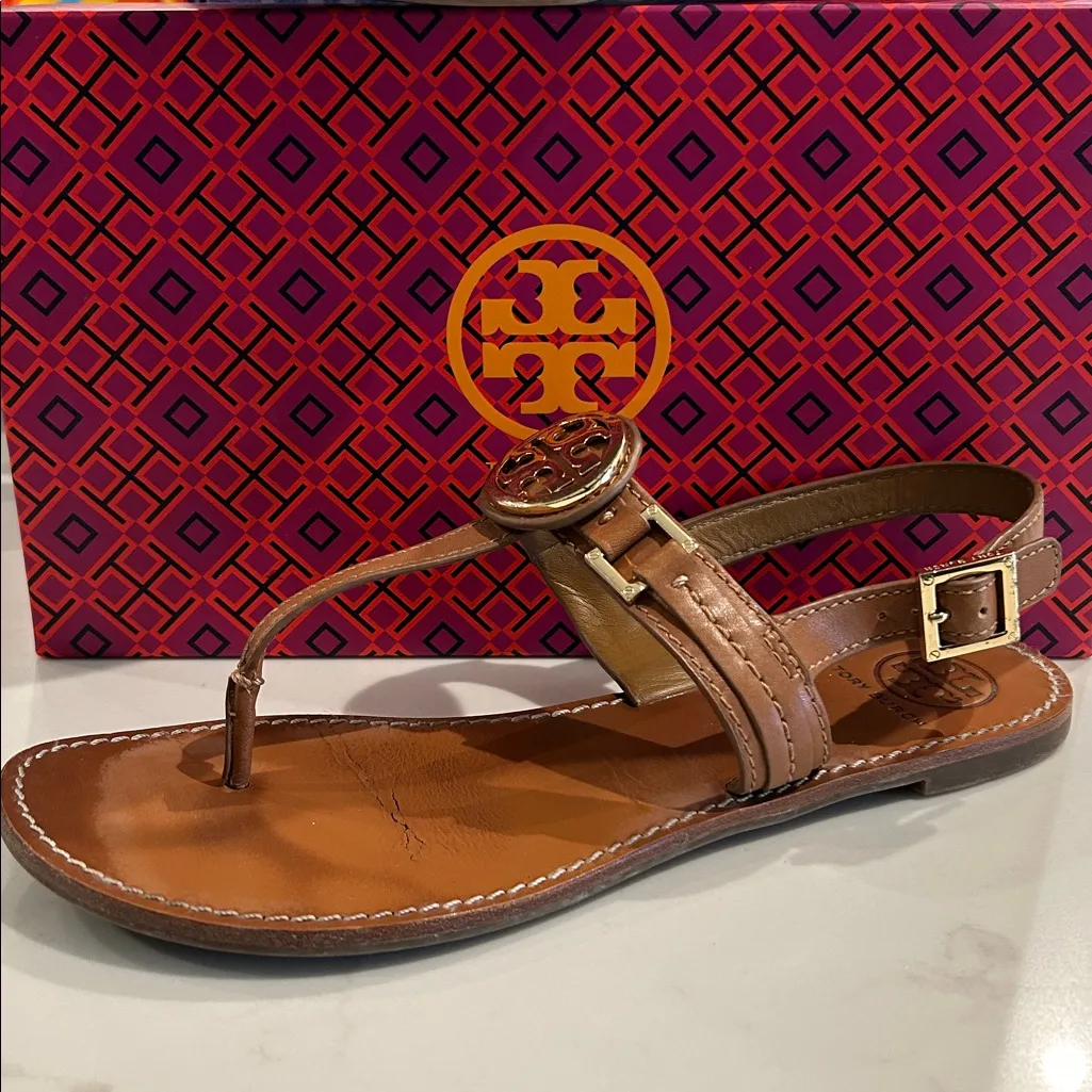 Tory Burch Cassia Flat Thong Sandal French Calf Leather Size 9 in Royal Tan - Image 3