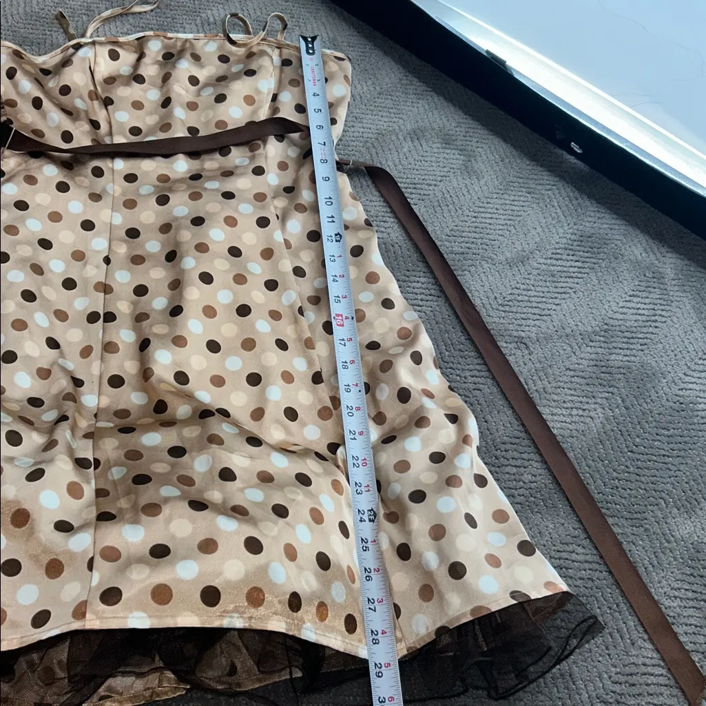 City Triangle Y2K Polka Dot Party Dress Beige Brown Tie Waist Size 9 - Image 11