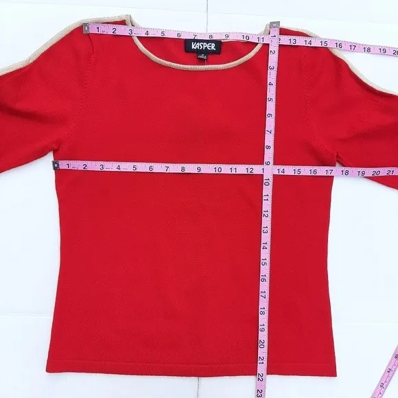 Kasper Stretchy Crop Sweater Knitted Top Red with Tan Accent 3/4 Sleeve Size M - Image 7