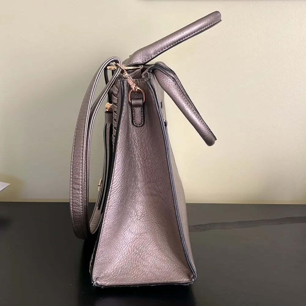 Dasein Handbag Vegan Leather Tassel Shoulder Bag Work Tote with Long Strap Silver - Image 3