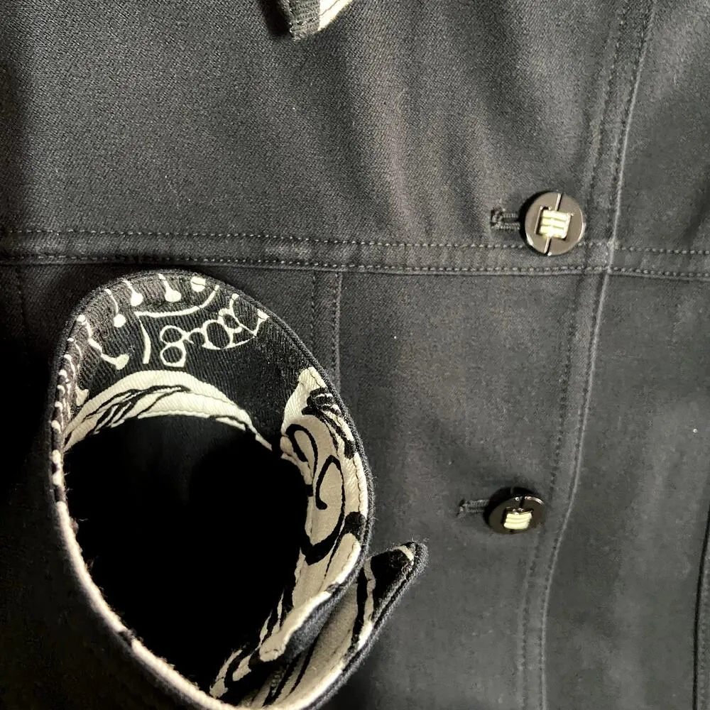 St. John Sport Denim Jacket Black White Flip Cuff Retro Print Floral Small - Image 2