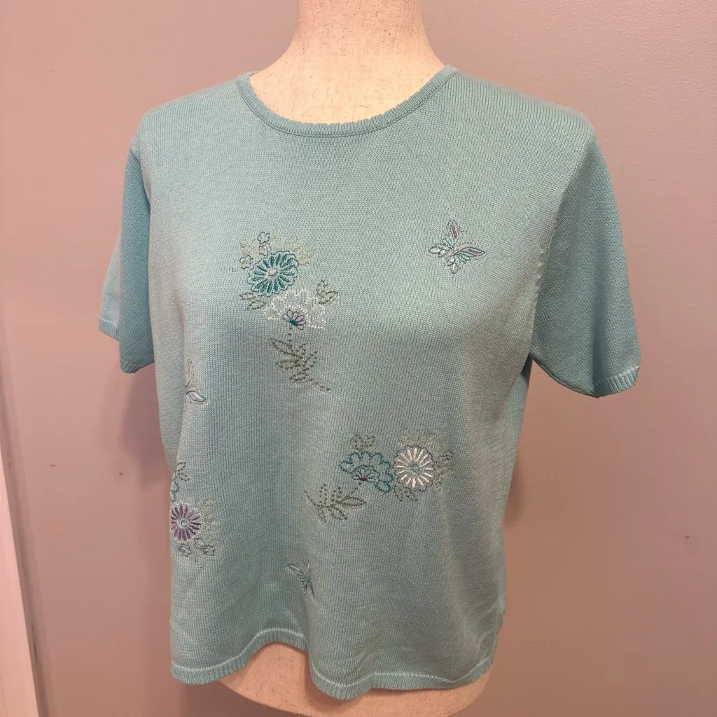 Vintage Nikki Blue Floral Embroidery Short Sleeve Knit Sweater Top Size S - Image 2
