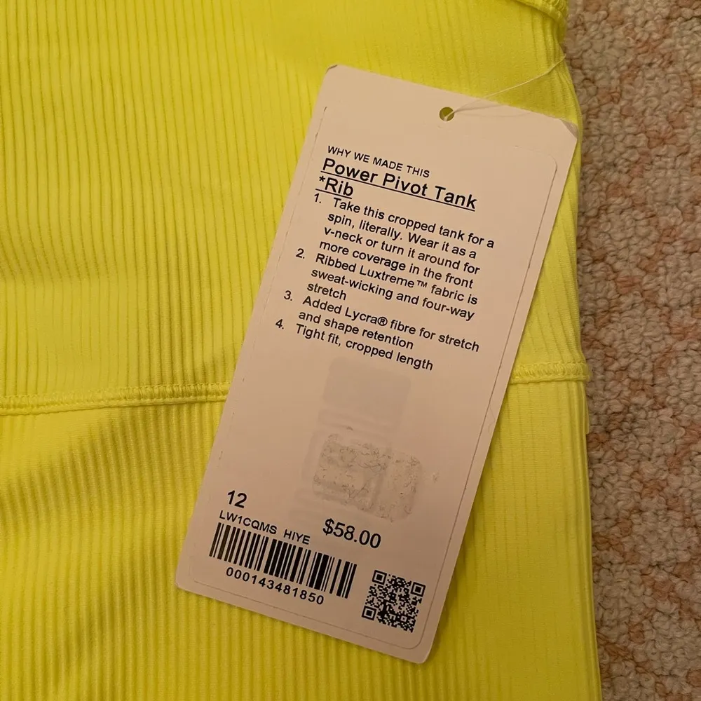 Lululemon Athletica NWT Power Pivot Ribbed Tank in Highlight Yellow women’s 12 - Image 8