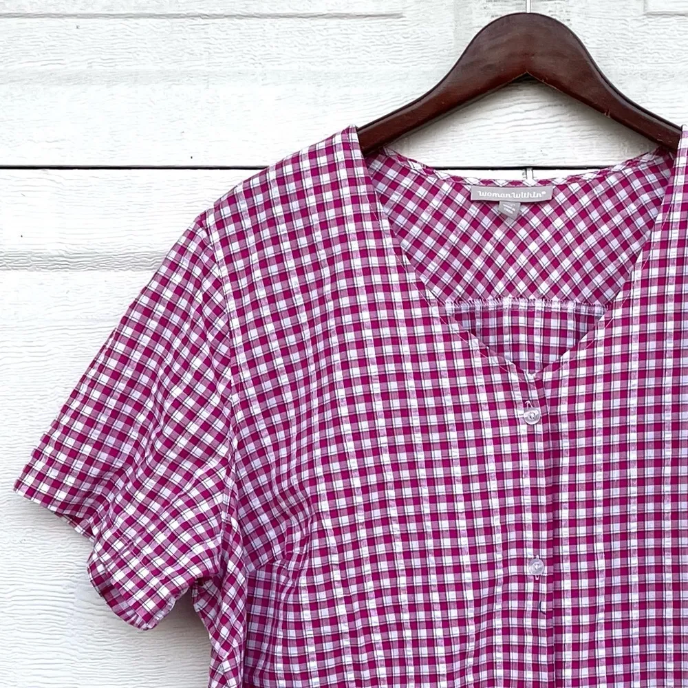 Woman Within Womens Shirt Blouse Pink White Plaid Short Sleeve Button Up Plus 1X - Image 6