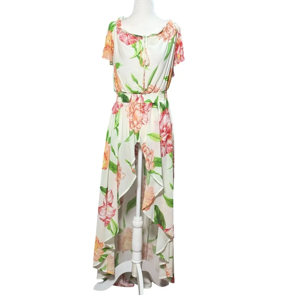 NEW Fabrik Floral High-Low Maxi Dress L Womens Bohemian Short Sleeves White Pink - Image 2