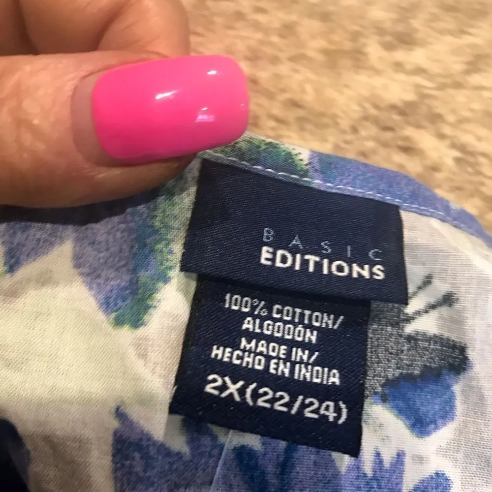 Basic Editions Blue Floral Sleeveless Blouse Size 2X Green - Image 5