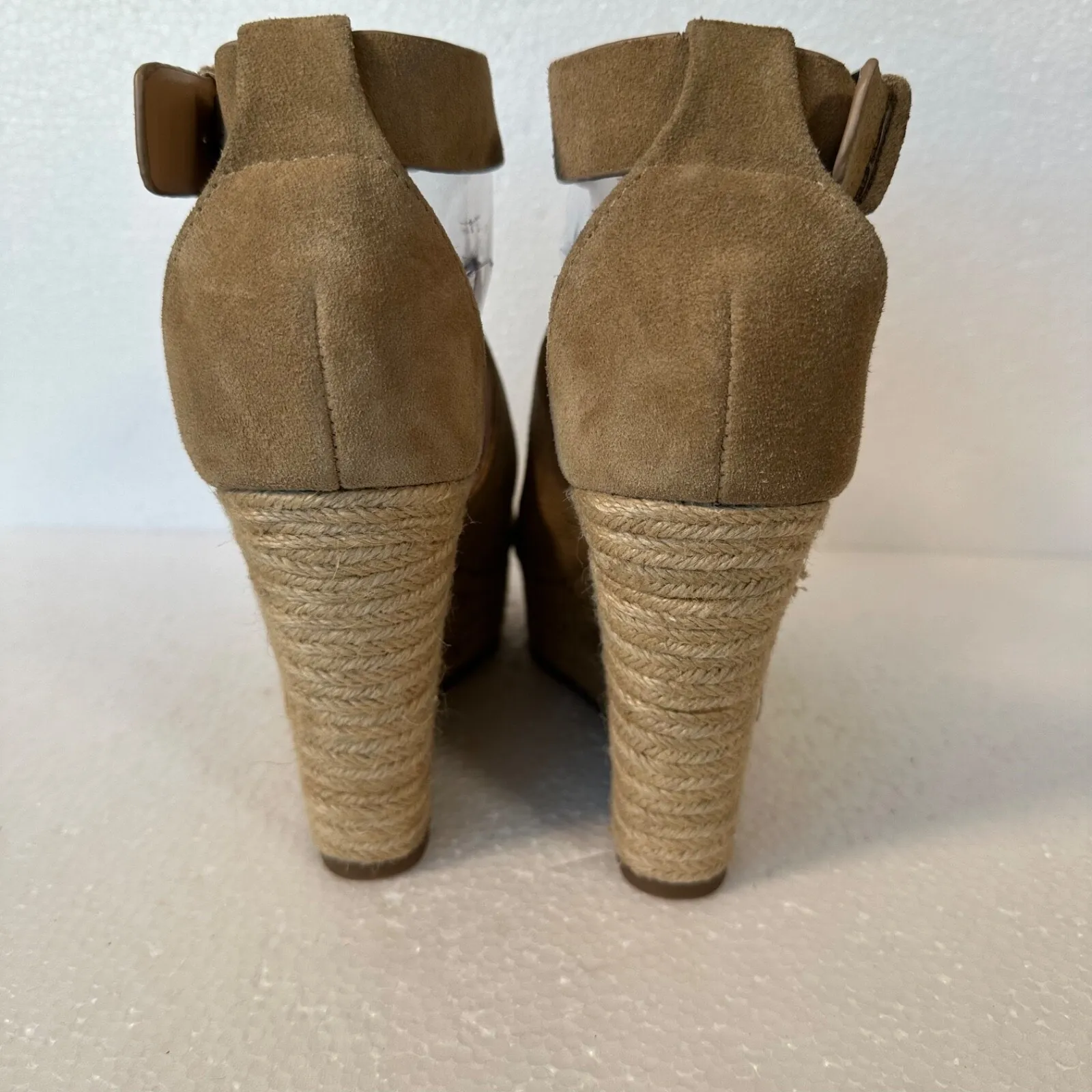 Marc Fisher Alison Espadrille Wedges Womens 8.5 Tan Beige Perforated Suede 4.5" - Image 4