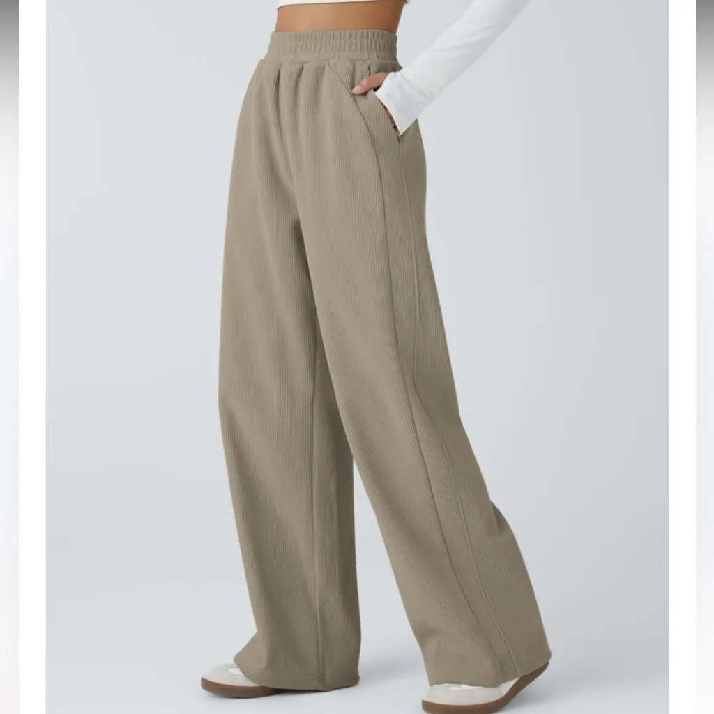 NWT Halara Tan High Waisted Pocket Straight Leg Mop Corduroy Casual Pants - Image 3
