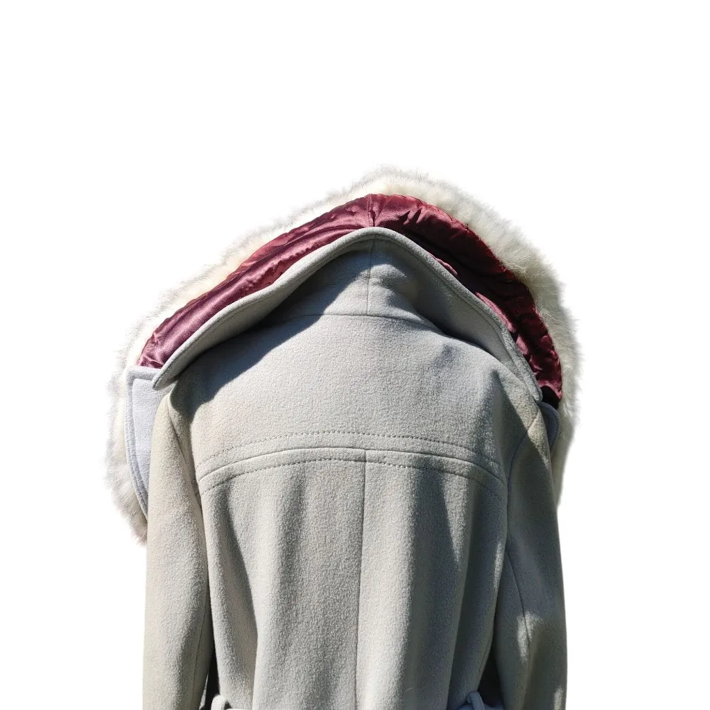 Real Fox Fur Collar Coat Belt Light Gray Wool Satin Lining Project or Parts Size 12 - Image 6