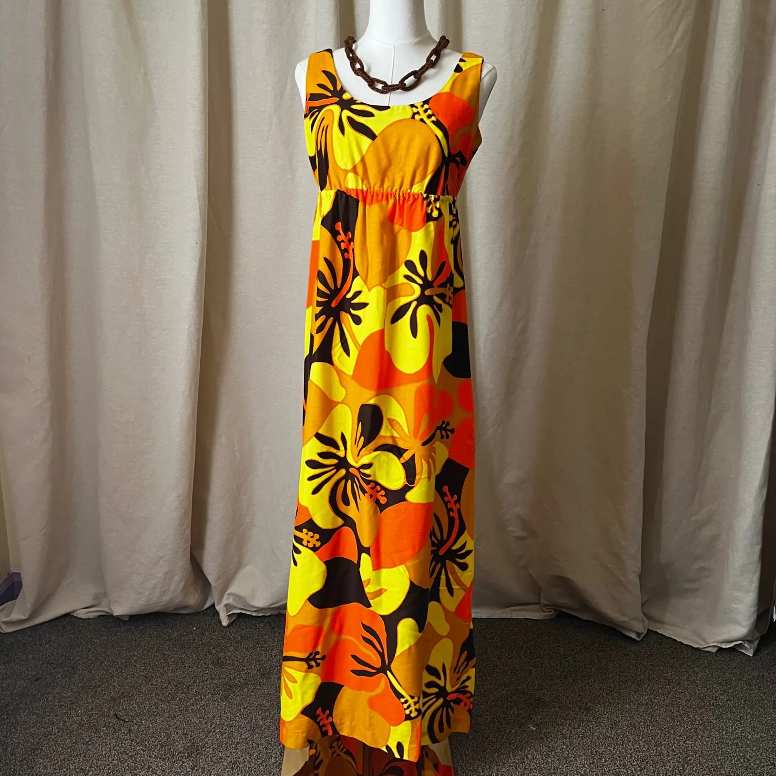 Vintage 70s Pomaré Tahiti Orange Yellow Hibiscus Maxi Dress XS‎ Honolulu - Image 11