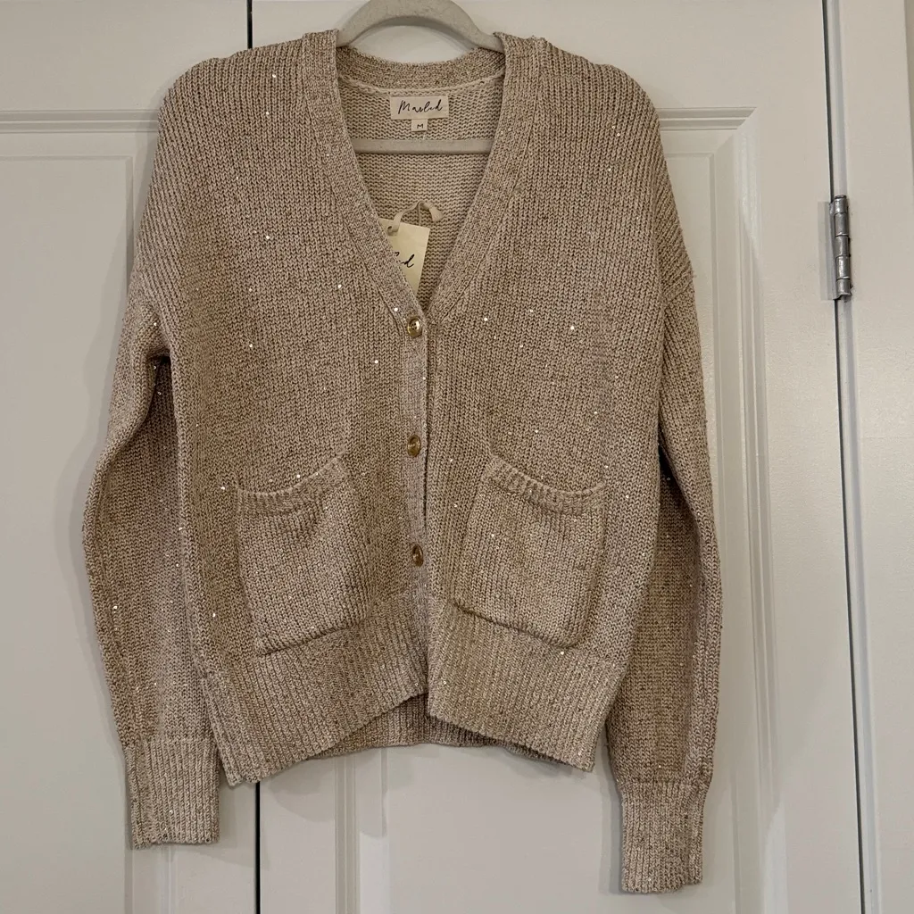 Marled Metallic Knit Cardigan Champagne Gold Sequins Button size medium NWT - Image 9