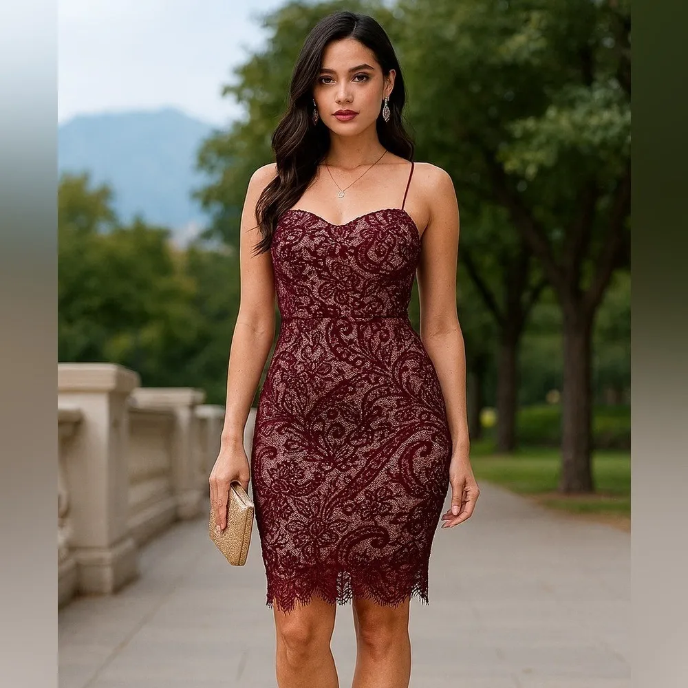 Burgundy Lace Bodycon Midi Dress Sweetheart‎ Neck Evening Formal Size S - Image 2